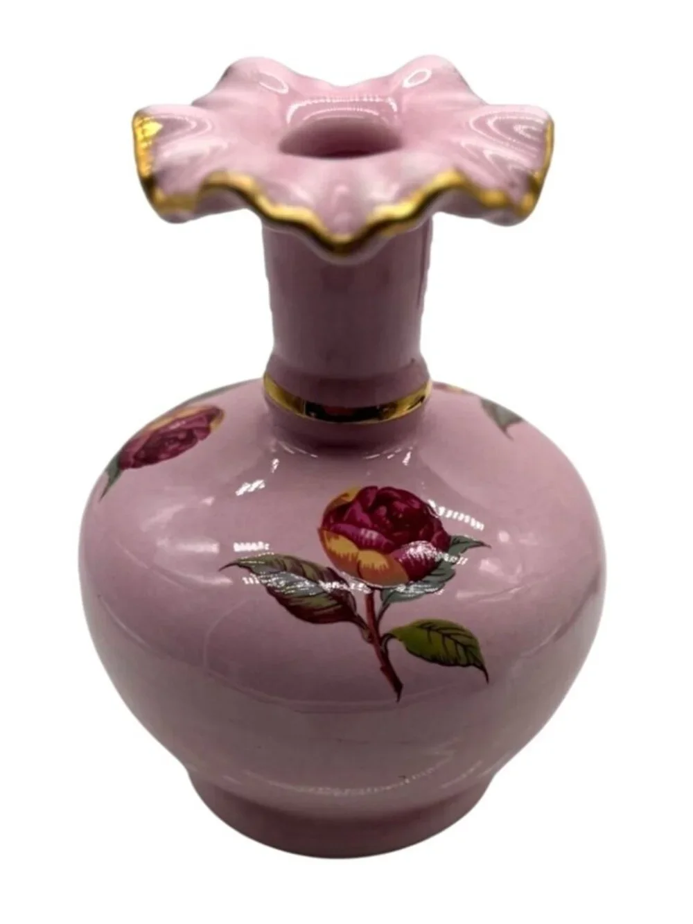 Vintage Pink Ceramic Rose Vase With Gold Detailing & Scalloped Rim 4